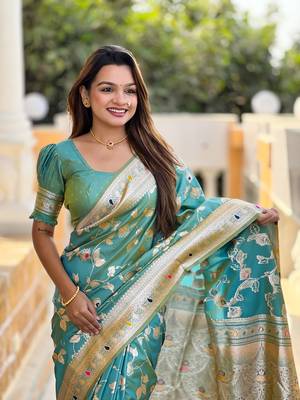Pista soft banarasi silk blend meenakari weaving saree with unstitched blouse 5