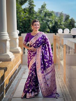 Purple soft banarasi silk blend meenakari weaving saree with unstitched blouse 1