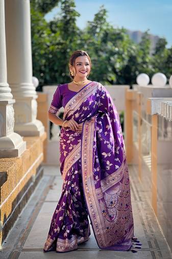 Purple soft banarasi silk blend meenakari weaving saree with unstitched blouse