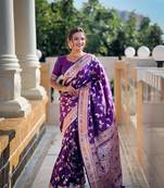 Purple soft banarasi silk blend meenakari weaving saree with unstitched blouse