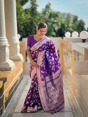Purple soft banarasi silk blend meenakari weaving saree with unstitched blouse 3