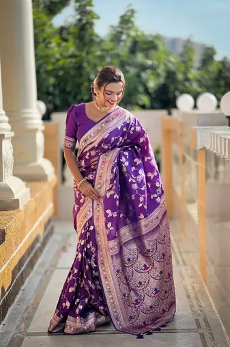Purple soft banarasi silk blend meenakari weaving saree with unstitched blouse