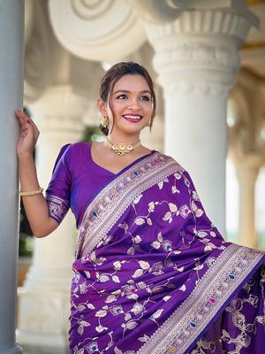 Purple soft banarasi silk blend meenakari weaving saree with unstitched blouse 4