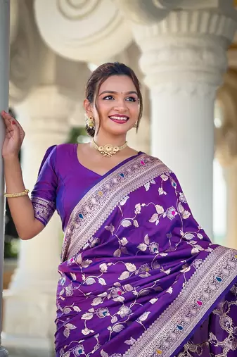 Purple soft banarasi silk blend meenakari weaving saree with unstitched blouse