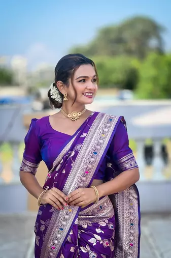 Purple soft banarasi silk blend meenakari weaving saree with unstitched blouse