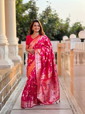 Ranipink soft banarasi silk blend meenakari weaving saree with unstitched blouse 1