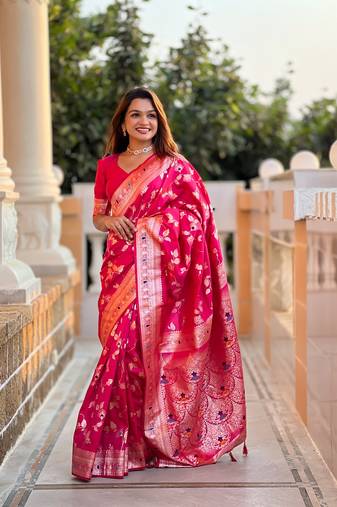 Ranipink soft banarasi silk blend meenakari weaving saree with unstitched blouse