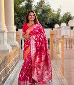 Ranipink soft banarasi silk blend meenakari weaving saree with unstitched blouse