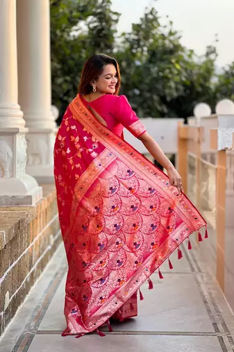 Ranipink soft banarasi silk blend meenakari weaving saree with unstitched blouse