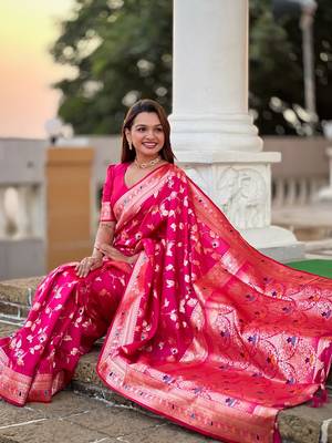 Ranipink soft banarasi silk blend meenakari weaving saree with unstitched blouse 4