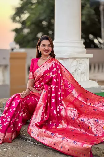 Ranipink soft banarasi silk blend meenakari weaving saree with unstitched blouse