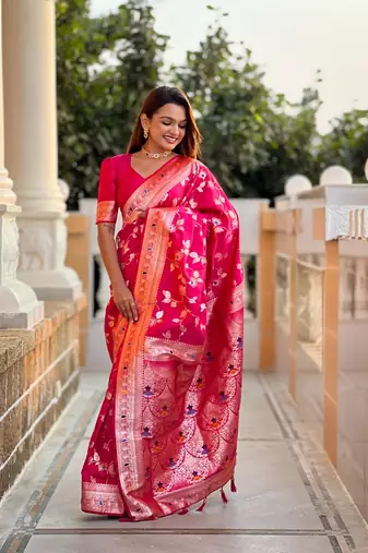 Ranipink soft banarasi silk blend meenakari weaving saree with unstitched blouse