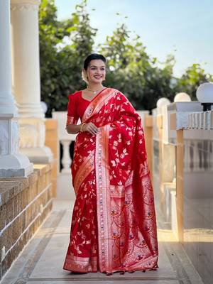 Red soft banarasi silk blend meenakari weaving saree with unstitched blouse 1