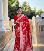 Red soft banarasi silk blend meenakari weaving saree with unstitched blouse