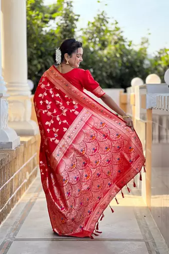 Red soft banarasi silk blend meenakari weaving saree with unstitched blouse