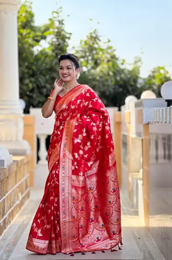 Red soft banarasi silk blend meenakari weaving saree with unstitched blouse
