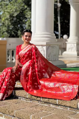 Red soft banarasi silk blend meenakari weaving saree with unstitched blouse