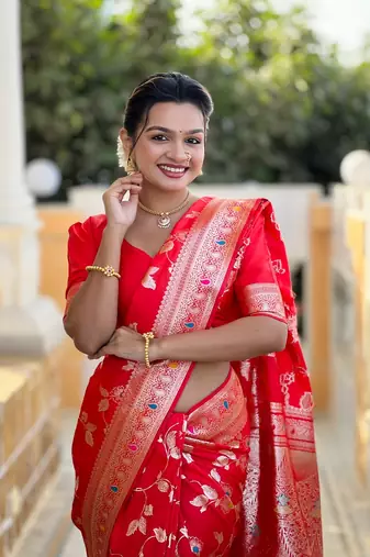 Red soft banarasi silk blend meenakari weaving saree with unstitched blouse
