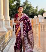 Wine soft banarasi silk blend meenakari weaving saree with unstitched blouse