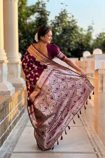 Wine soft banarasi silk blend meenakari weaving saree with unstitched blouse