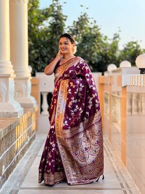Wine soft banarasi silk blend meenakari weaving saree with unstitched blouse 3