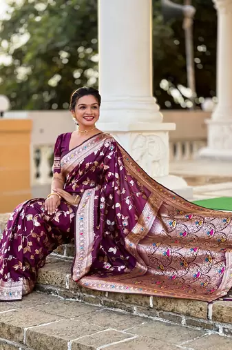 Wine soft banarasi silk blend meenakari weaving saree with unstitched blouse