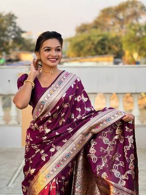 Wine soft banarasi silk blend meenakari weaving saree with unstitched blouse 5