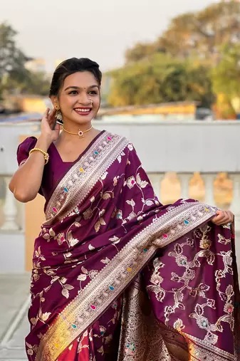 Wine soft banarasi silk blend meenakari weaving saree with unstitched blouse