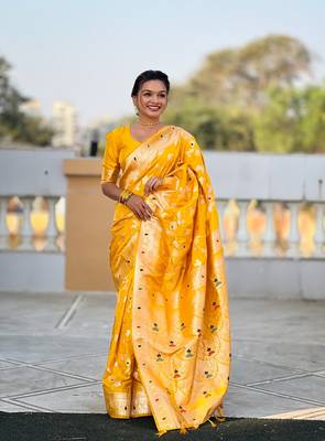Yellow soft banarasi silk blend meenakari weaving saree with unstitched blouse 1