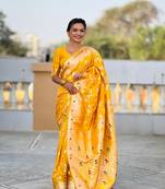 Yellow soft banarasi silk blend meenakari weaving saree with unstitched blouse