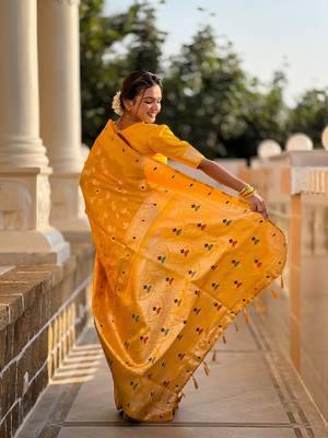 Yellow soft banarasi silk blend meenakari weaving saree with unstitched blouse 2