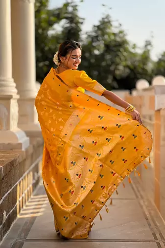 Yellow soft banarasi silk blend meenakari weaving saree with unstitched blouse