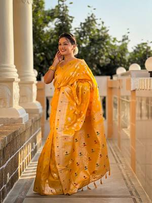Yellow soft banarasi silk blend meenakari weaving saree with unstitched blouse 3