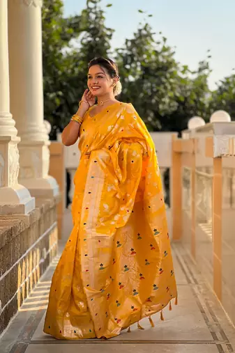 Yellow soft banarasi silk blend meenakari weaving saree with unstitched blouse
