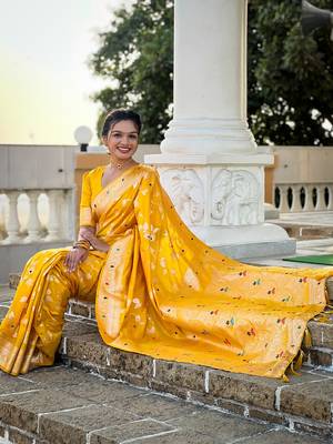 Yellow soft banarasi silk blend meenakari weaving saree with unstitched blouse 4