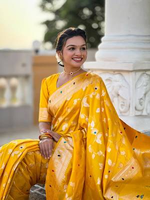 Yellow soft banarasi silk blend meenakari weaving saree with unstitched blouse 5