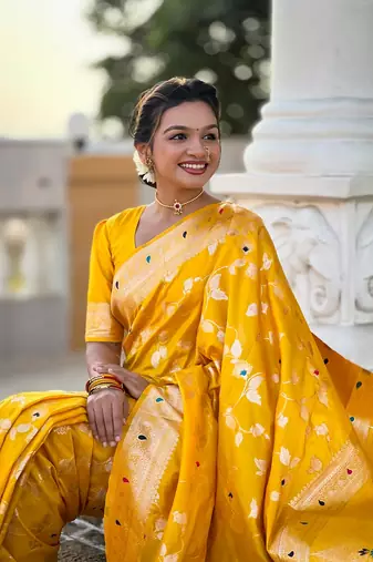 Yellow soft banarasi silk blend meenakari weaving saree with unstitched blouse