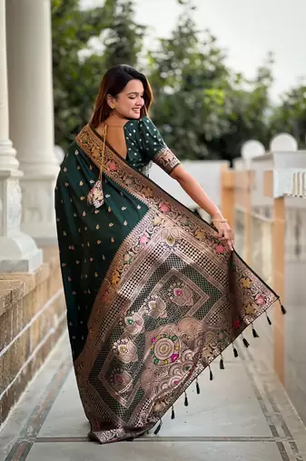Green soft banarasi silk blend meenakari weaving saree with unstitched blouse