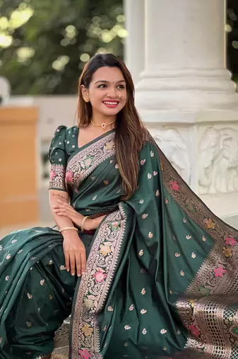 Green soft banarasi silk blend meenakari weaving saree with unstitched blouse