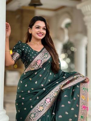 Green soft banarasi silk blend meenakari weaving saree with unstitched blouse 5