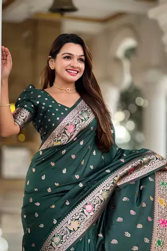Green soft banarasi silk blend meenakari weaving saree with unstitched blouse