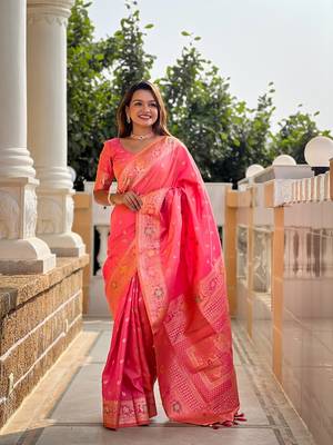 Gajari soft banarasi silk blend meenakari weaving saree with unstitched blouse 1