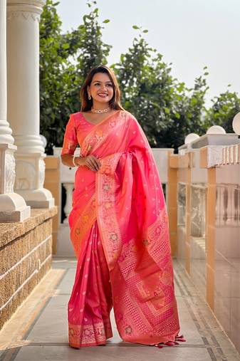 Gajari soft banarasi silk blend meenakari weaving saree with unstitched blouse