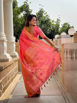 Gajari soft banarasi silk blend meenakari weaving saree with unstitched blouse 2