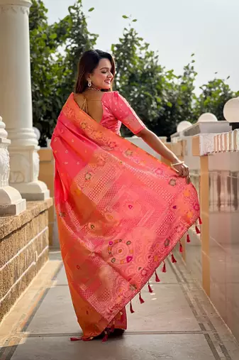 Gajari soft banarasi silk blend meenakari weaving saree with unstitched blouse