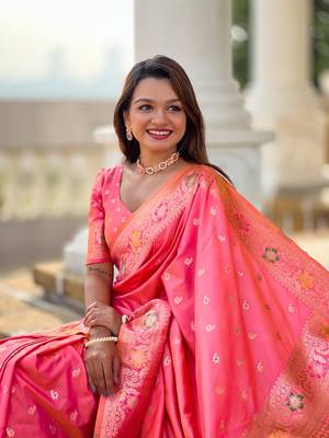 Gajari soft banarasi silk blend meenakari weaving saree with unstitched blouse 5