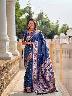 Teal soft banarasi silk blend meenakari weaving saree with unstitched blouse 1