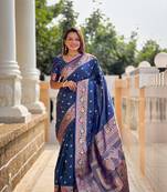 Teal soft banarasi silk blend meenakari weaving saree with unstitched blouse