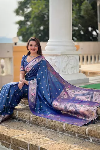 Teal soft banarasi silk blend meenakari weaving saree with unstitched blouse