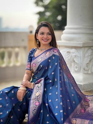 Teal soft banarasi silk blend meenakari weaving saree with unstitched blouse 4